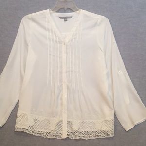 Valerie Stevens Boho Bohemian Lagan Look Classic Lace Hem Pin Tuck Oversized Top